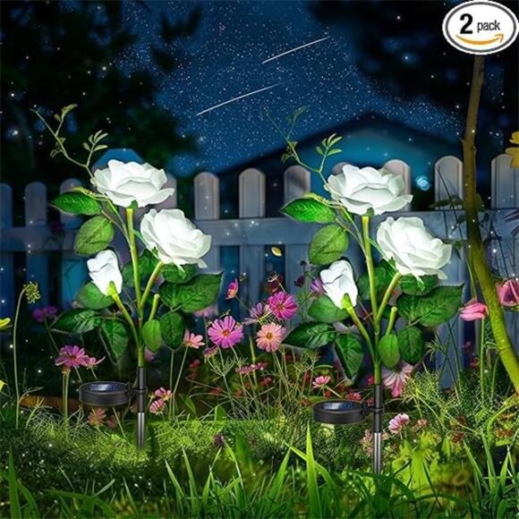 Solar Flowers Lights Outdoor Garden Yard Decor Waterproof 2 Pack - Picture 7 of 7